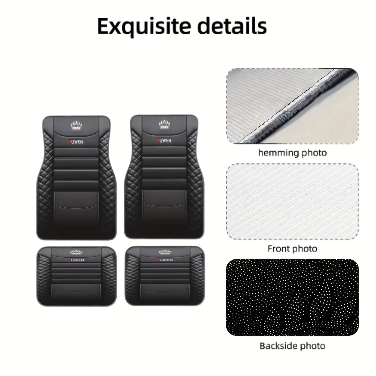 Universal fit PE car floor mats set, 4 pieces, non-slip, durable, elegant pattern design for most vehicles.