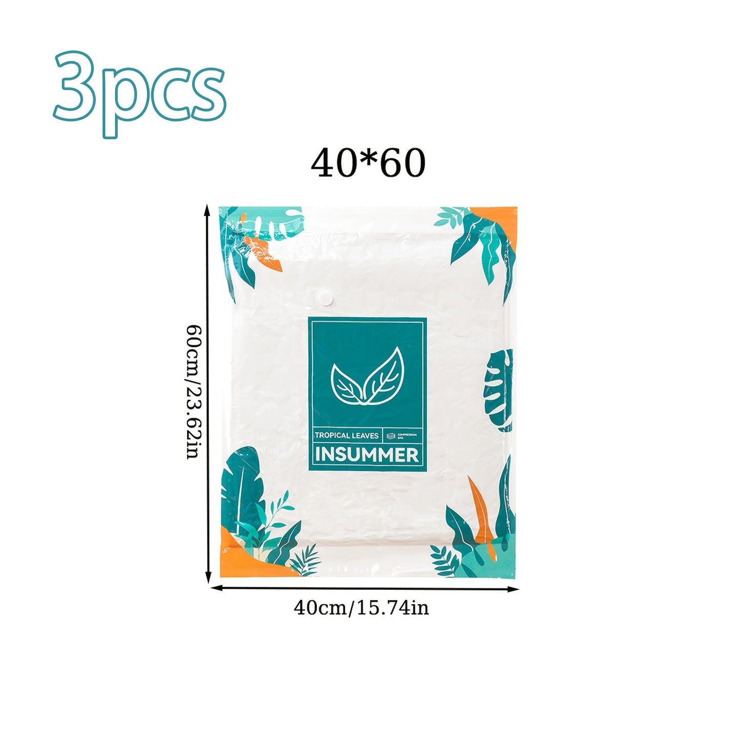 3-Pack of Heart Leaf Vacuum Storage Bags featuring a tropical leaf design. These plastic space saver bags are ideal for storing comforters, blankets, bedding, and clothing without the need for power. Also suitable for organizing accessories.