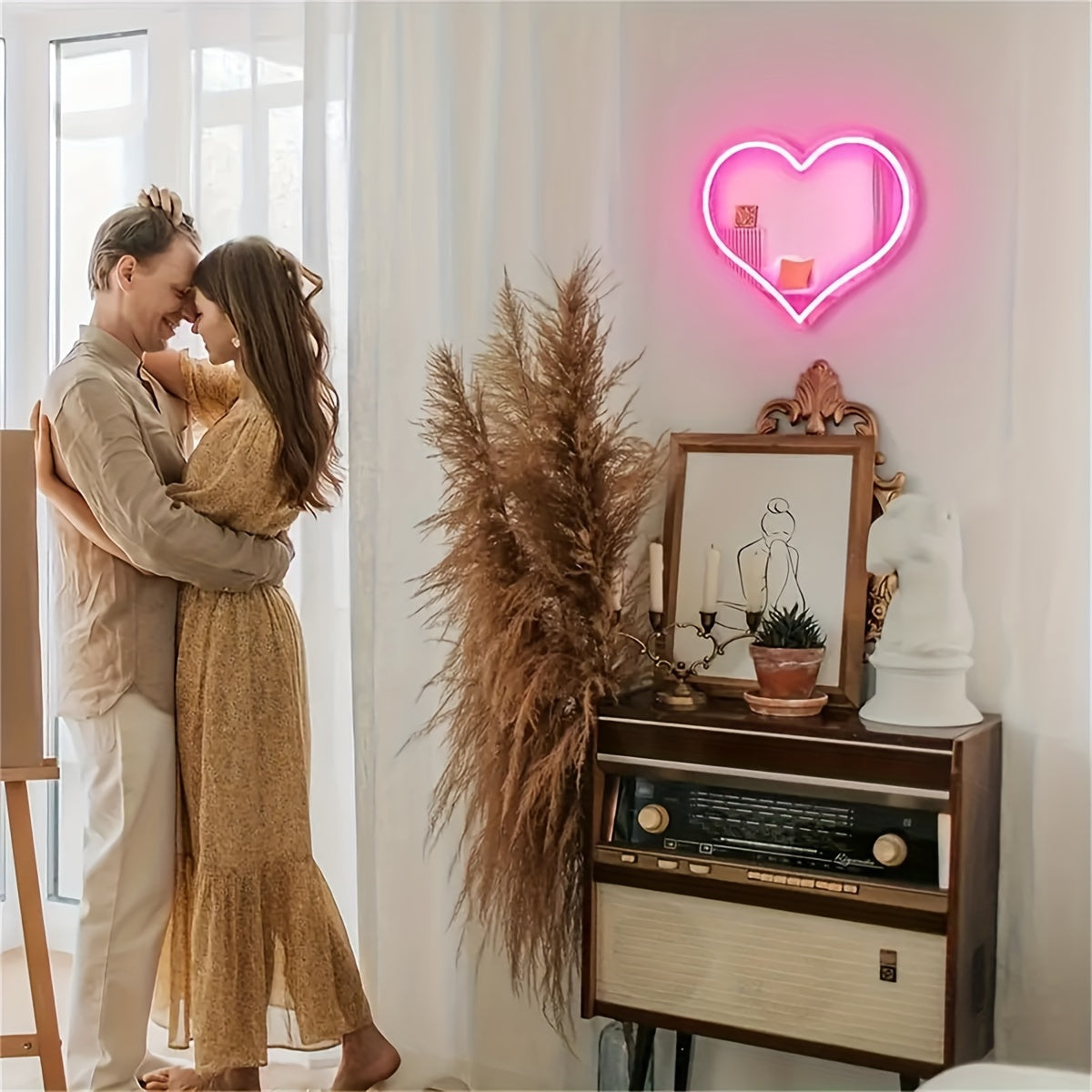 Pink Heart Neon Mirror: Wall-mounted, USB-powered plastic mirror with switch control for versatile use.