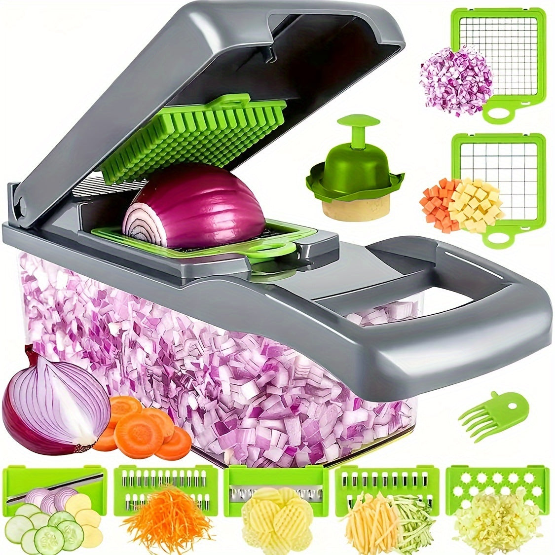 Professional Onion and Vegetable Chopper with Container, 14-in-1 Multifunctional Food Cutter, Kitchen Vegetable Cutter Set with 8pcs Potato, Carrot, and Garlic Cutters