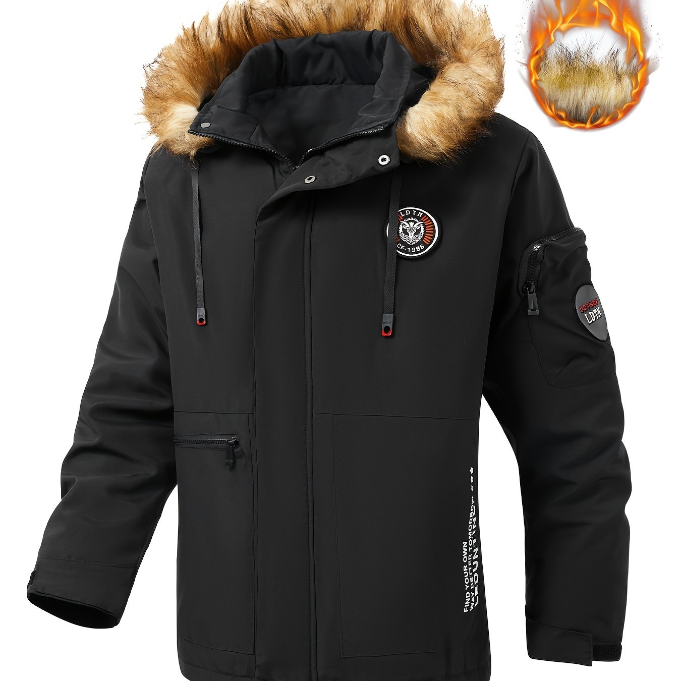 Plus size men's casual padded jacket with detachable hood for fall and winter.