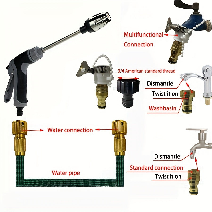 Durable expandable garden hose with nozzle, flexible rubber material, 3-layer TPE core, 3/4" universal connectors, commercial grade, multi-purpose watering tool, available in 25-100 ft