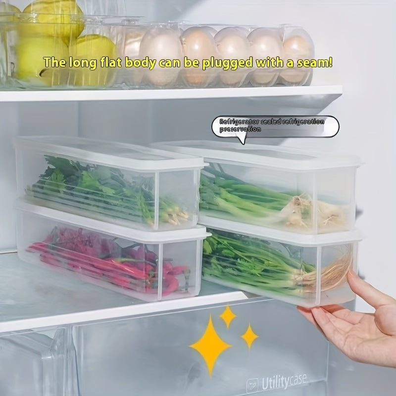 Two large plastic food storage containers designed for organizing vegetables in the refrigerator. These durable kitchen organization boxes feature a secure seal and require no electricity. Perfect for use as desk and drawer organizers for home storage.