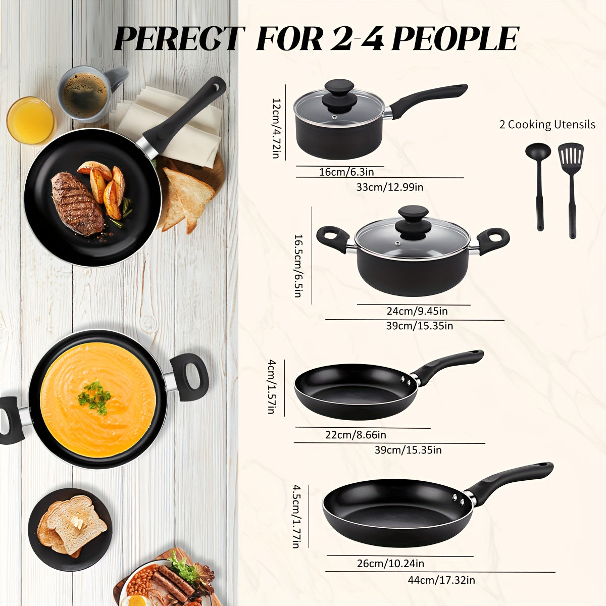 Set of 8 Ceramic Cookware Pieces - Features Stock Pot, Milk Pan, and Frying Pans with Lids - Made of Long-Lasting Black Aluminum for Induction and Gas Stoves