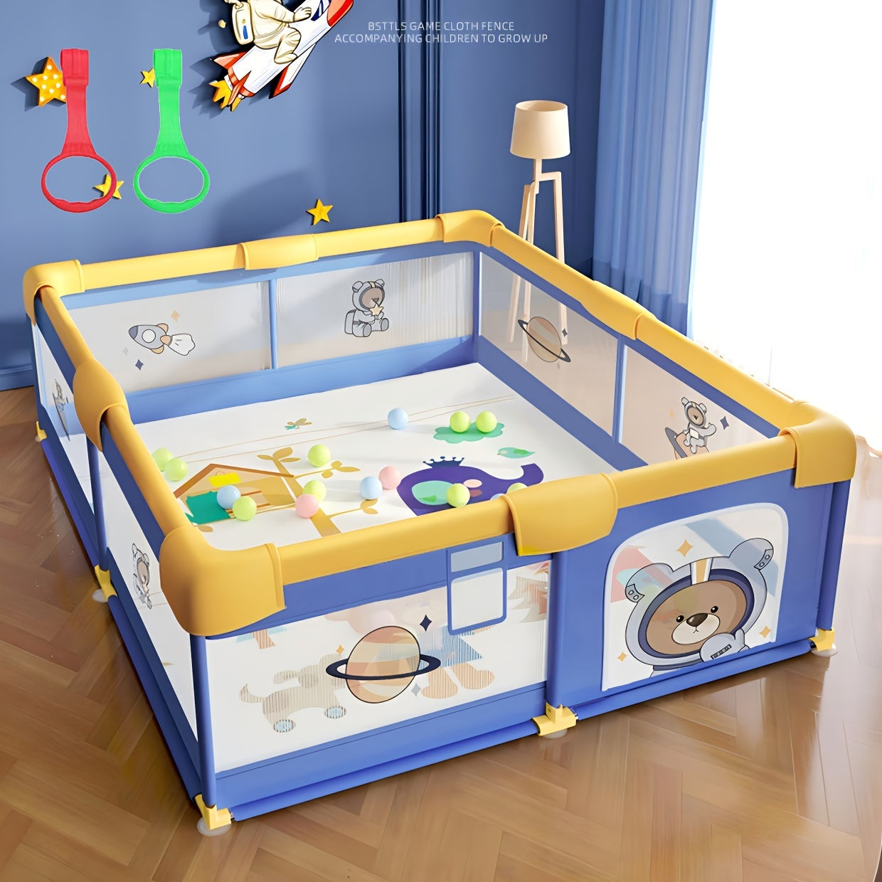 Large playpen for kids with a cute panda design, measuring 150cm x 180cm in blue and yellow cloth material. Features 2 pull rings and requires assembly.