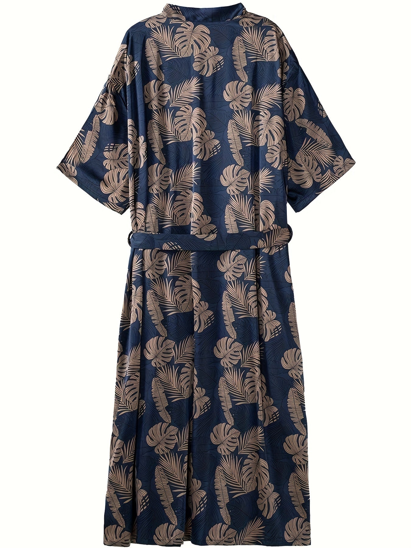 Men's trendy leaf print V-neck open front summer sleep robe, plus size, loose fit, comfortable and breathable.