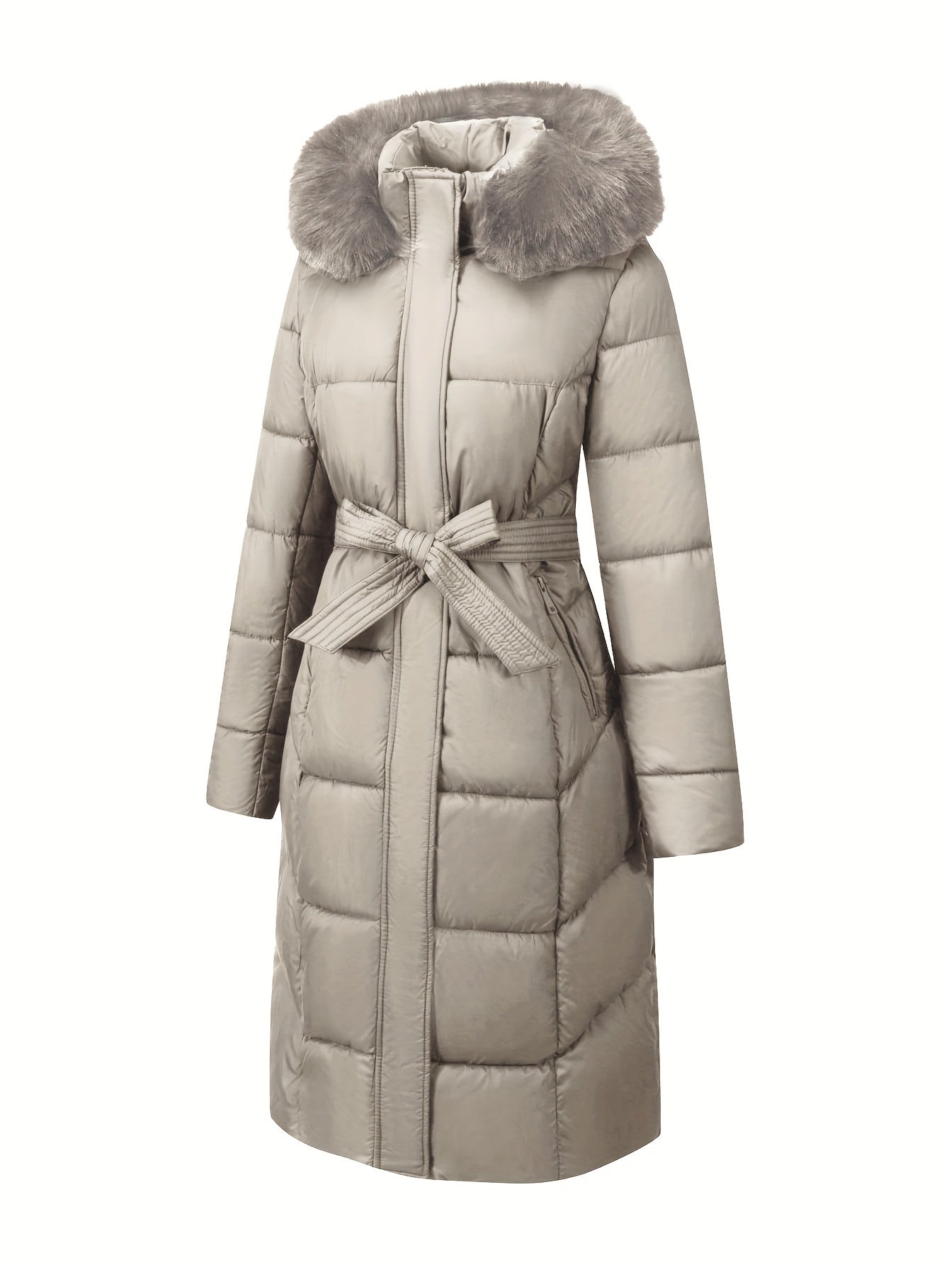 Elegant women's midi winter coat with faux fur hood and belt detail made of polyester. Features long sleeves and a solid color design. Non-waterproof outerwear.