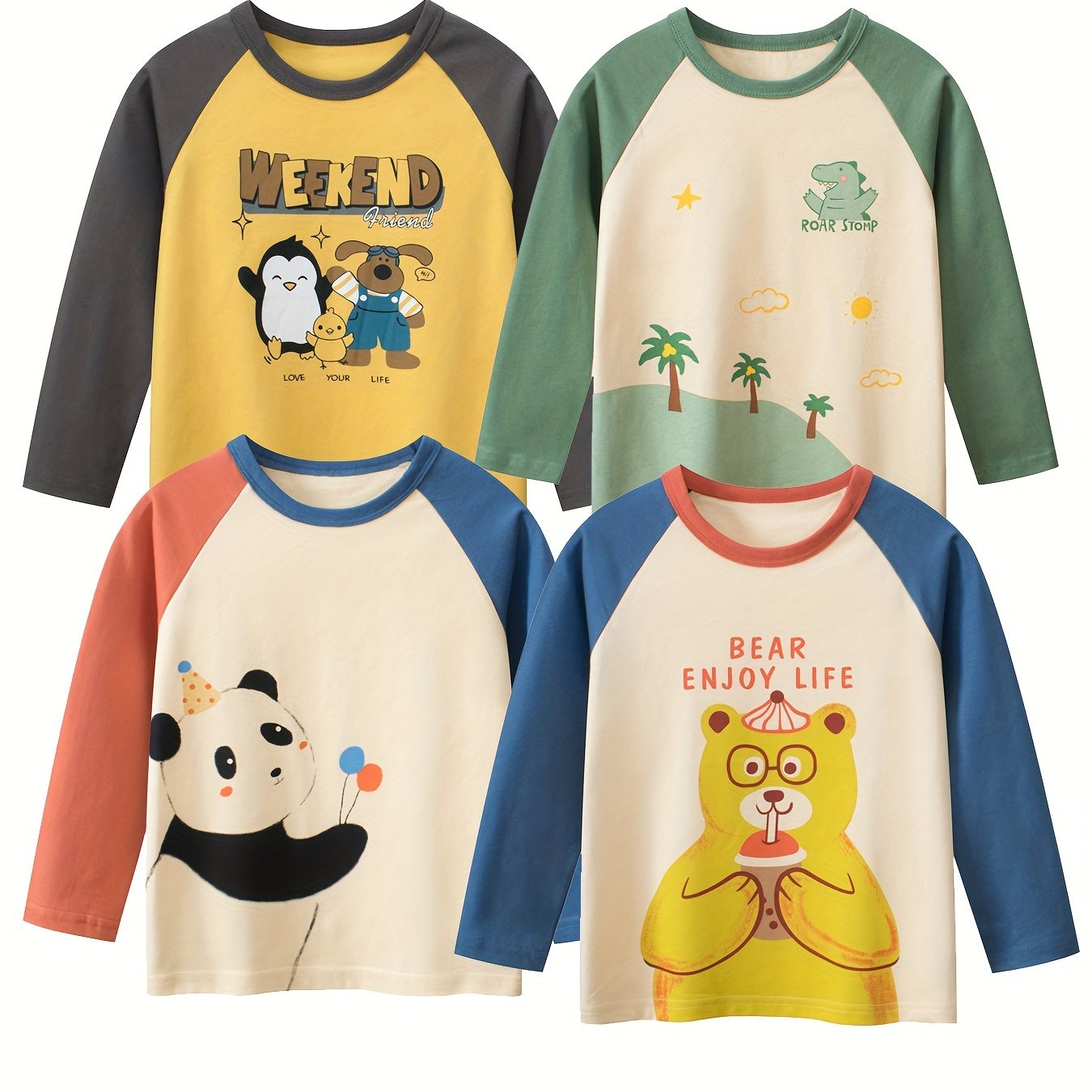 4 boys' long sleeve cotton t-shirts with cartoon graphics in yellow, green, blue & orange. Ideal for spring & fall casual wear. Made of cotton knit fabric.