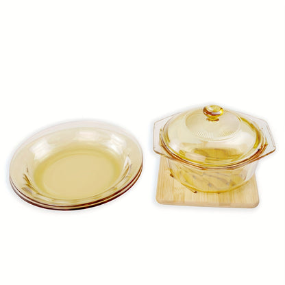 Glass cookware set includes four pieces with lids. Perfect for cooking soups, stews, milk, salads, and noodles. High-temperature resistant pots and matching plates with heat-resistant mats. Each pot has a 1.1L capacity.