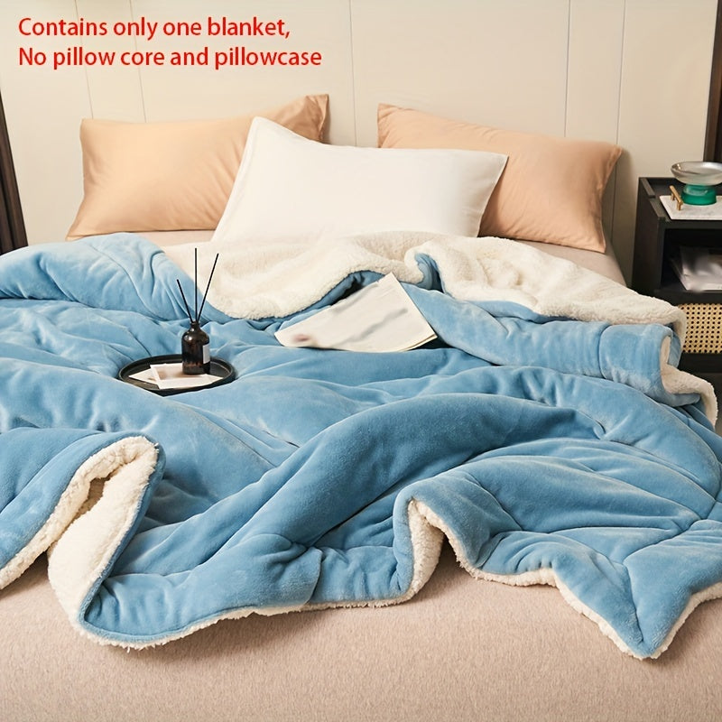 Light blue double layer blanket made of milk fleece and lamb fleece with crimping, perfect for casual relaxing, as a throw blanket, or for a cozy lunch break.