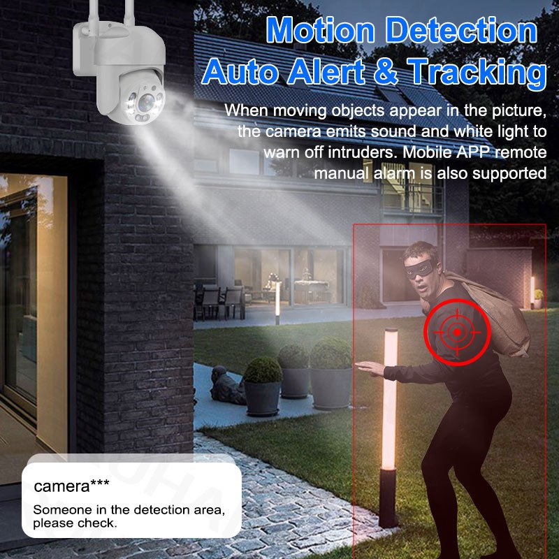 Outdoor WiFi security camera with 2MP HD resolution, IP66 waterproof rating, PTZ function, and audio capabilities. Features AI motion detection, two-way intercom, 1080p night vision, and USB power. Compatible with smartphones and operates on a wireless