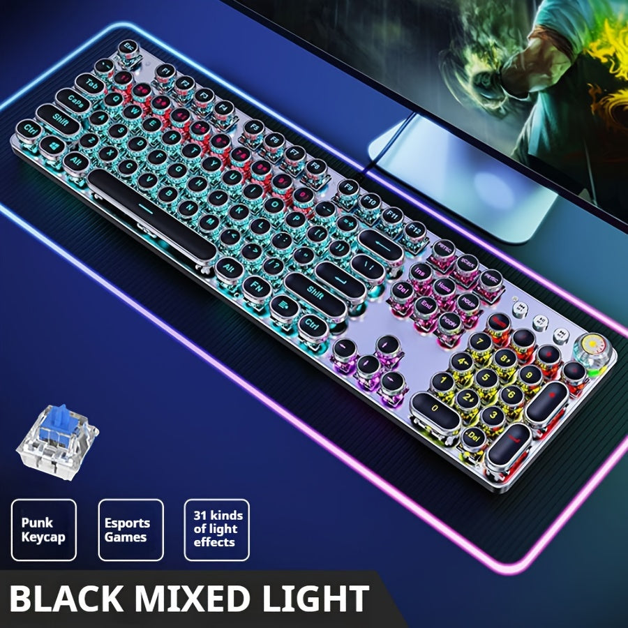 EWEADN Steampunk Mechanical Gaming Keyboard - Full Size with 104 Keys, Metal Panel, LED Backlit, USB Wired, Multimedia Knob, Black Switches, Ideal for Gamers and Office Use.