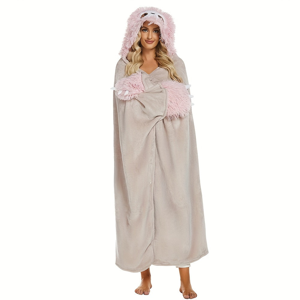 Adorable Sloth Wearable Hooded Adult Blanket - Soft Cozy Plush Flannel & Sherpa Hoodie Throw Cloak Wrap - Perfect Sloth Gift for Women