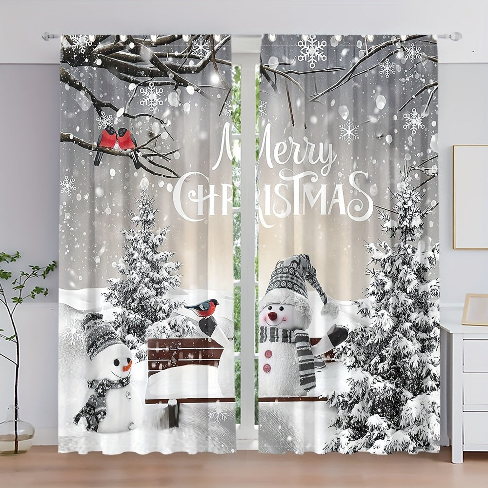 Set the festive mood with this set of two Christmas curtains featuring a snowman and pine tree design. Made of semi-sheer polyester, these curtains are easily machine washable and have a convenient rod pocket for easy hanging. Perfect for adding a touch