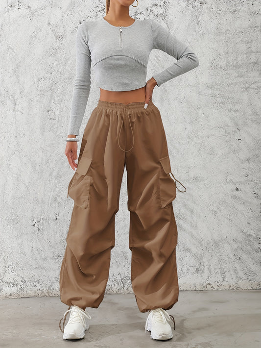 Stylish women's polyester cargo pants with drawstring waist, ideal for all seasons, 120g/m², casual and elegant.