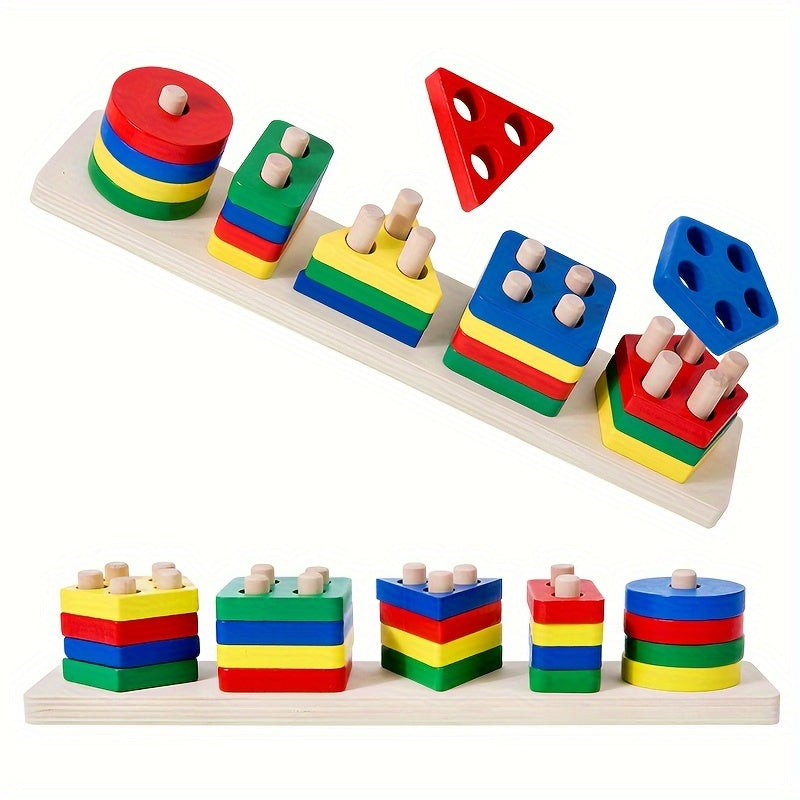 Educational wooden puzzle toy with colorful blocks for shape recognition and cognitive development.