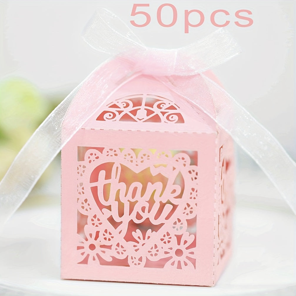 Set of 50 Pink Floral Letter Candy Boxes with Ribbons - Elegant Laser-Cut Chocolate Gift Boxes Perfect for Weddings, Birthdays, and Bridal Showers. Ideal Wedding Candy Box or Double Letter Gift for the Bride