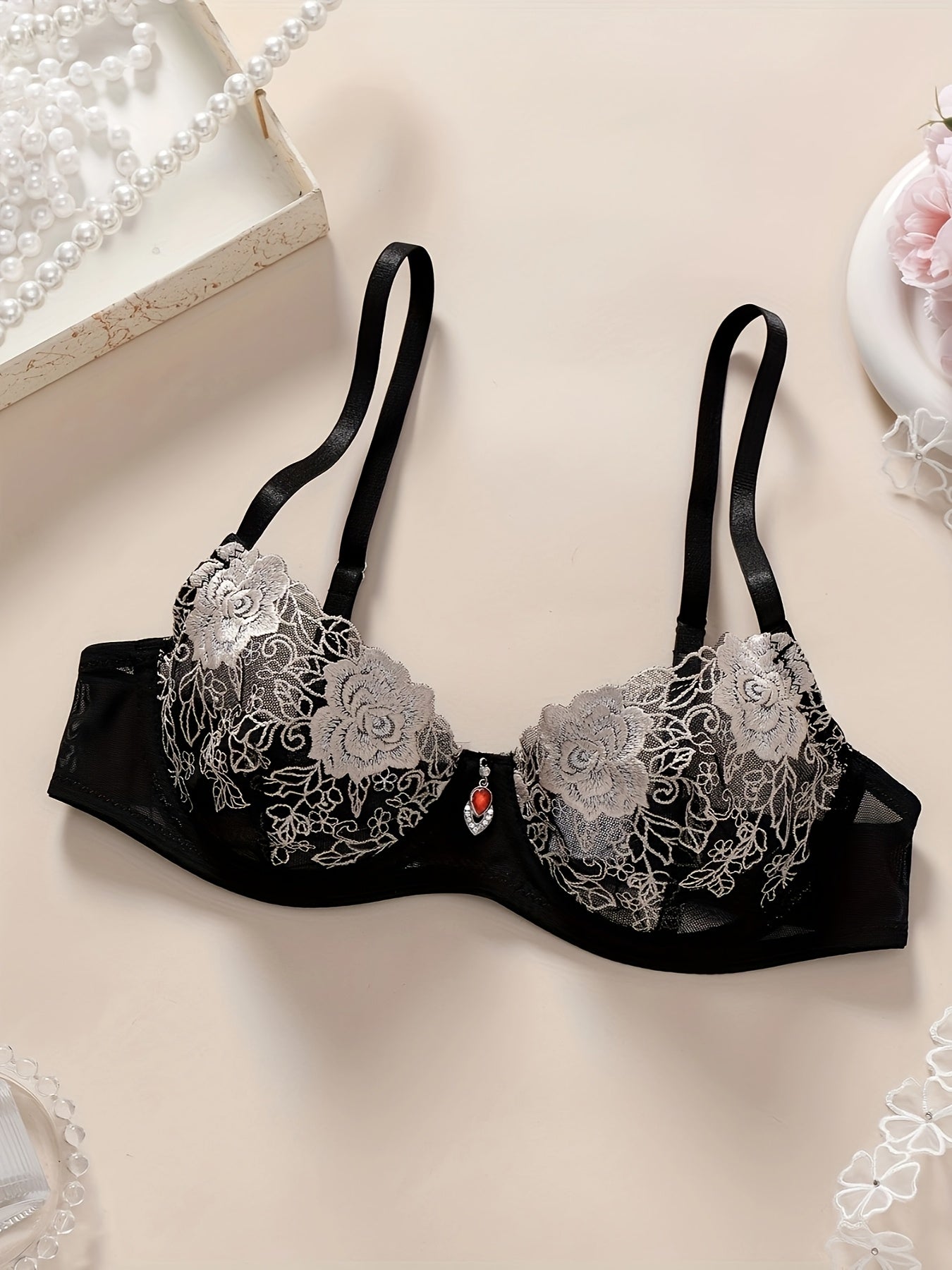 Stylish Black & White Floral Lingerie Set - Double-Layer Bra & Thong, Non-Padded, Polyester & Elastane, Hand Washable - Sexy Semi-Sheer Adult Ensemble