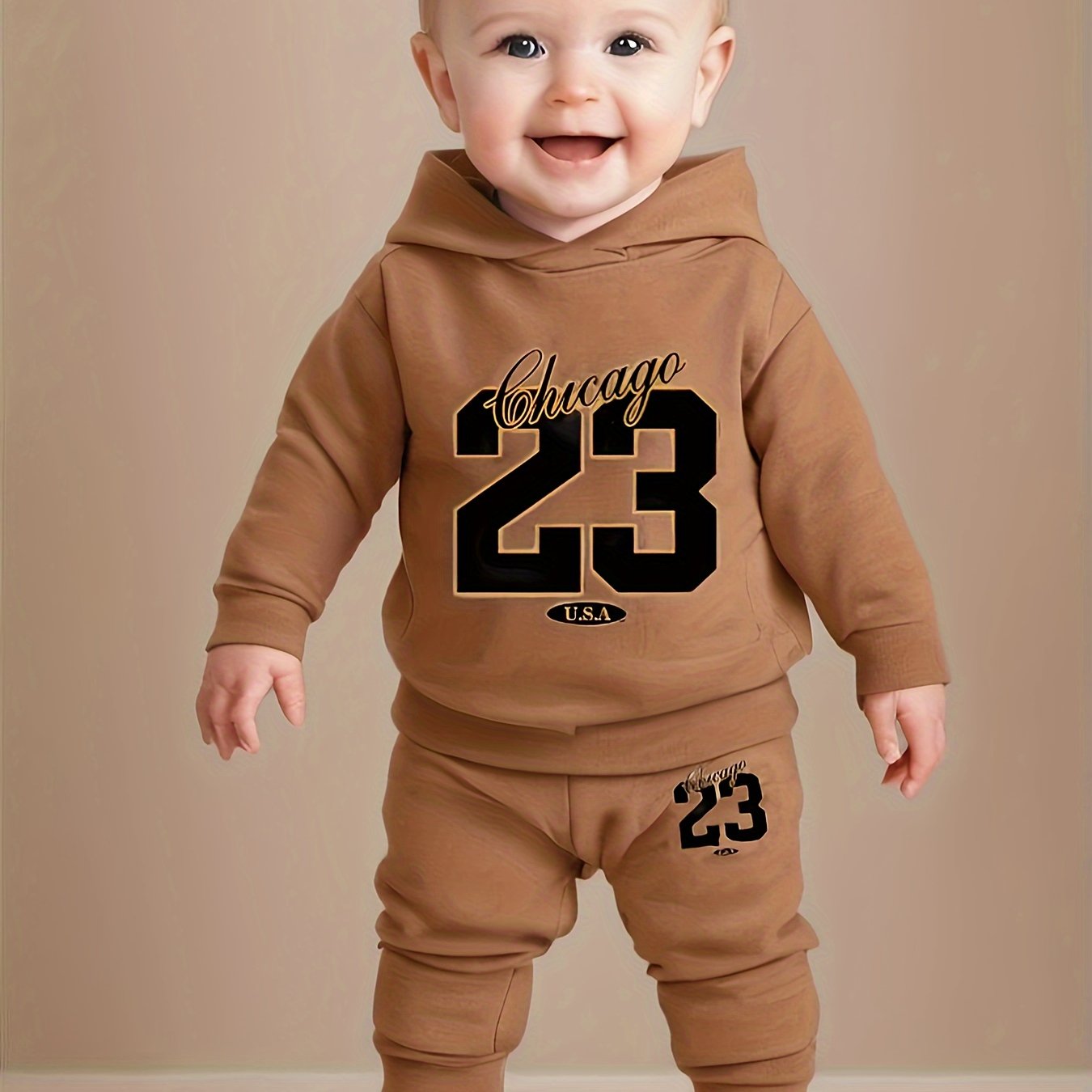 Baby boy's Chicago 23 print hooded sweatshirt + pants outdoor set for comfy and trendy outdoor play and daily life.