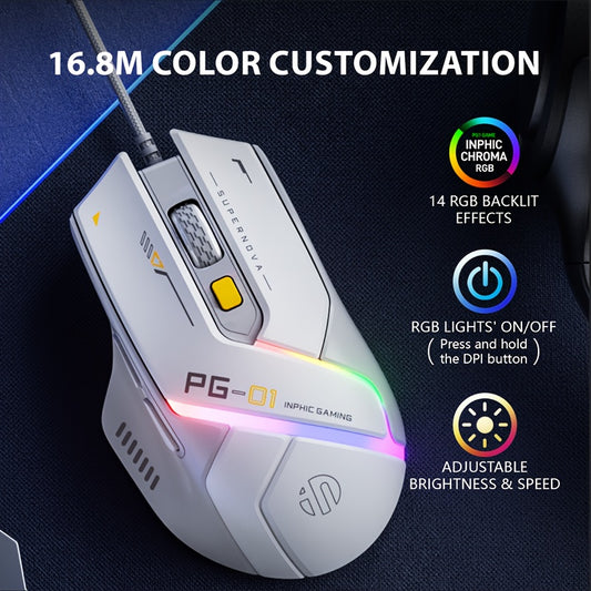 Inphic PG1 Wired Gaming Mouse with Macro Programming, RGB Backlit, Optical Tracking, USB Plug-in, Windows 10 Compatible, Right-Handed, Plastic, No Battery Needed.