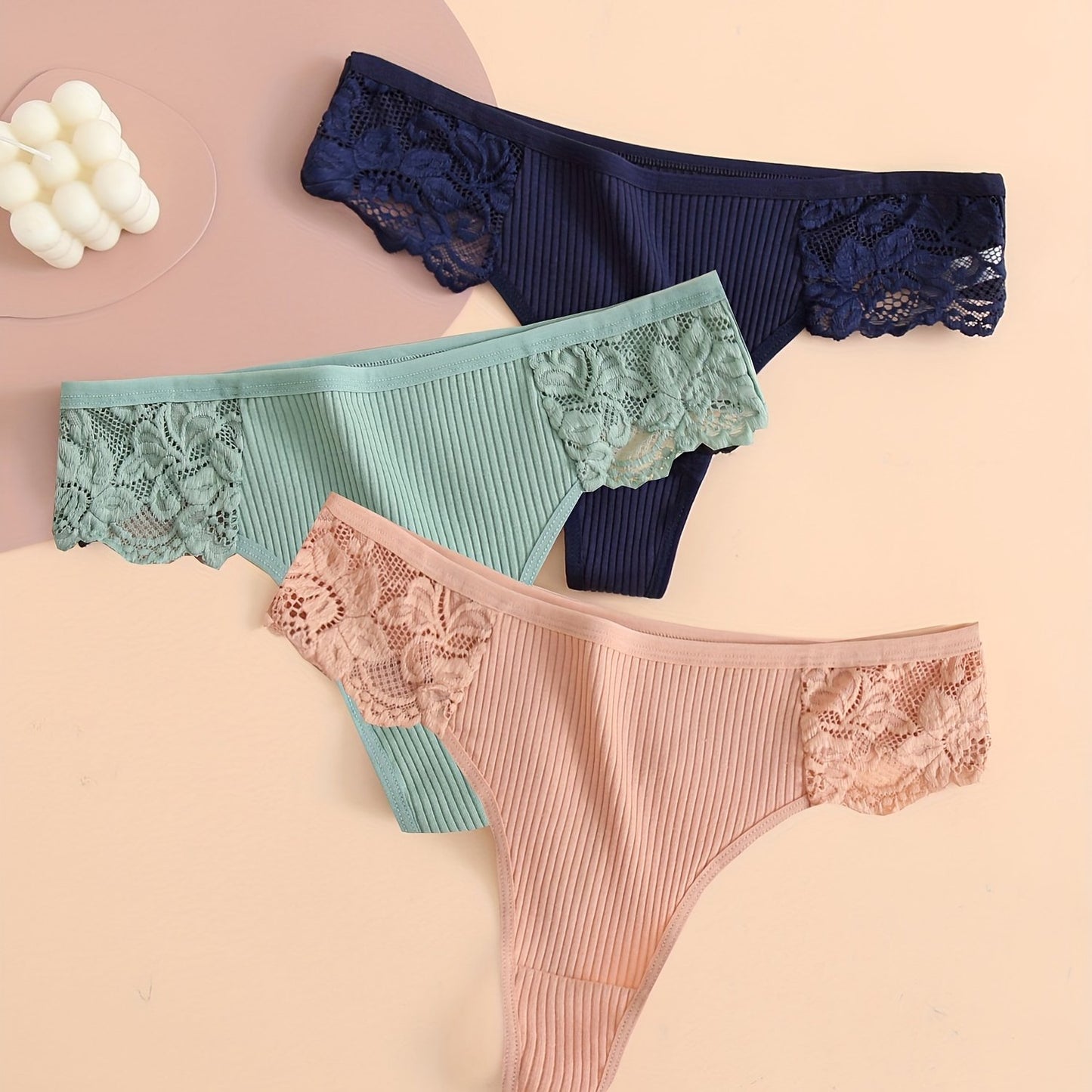 3 contrast lace thongs, soft and comfy ribbed panties, women's lingerie and underwear.