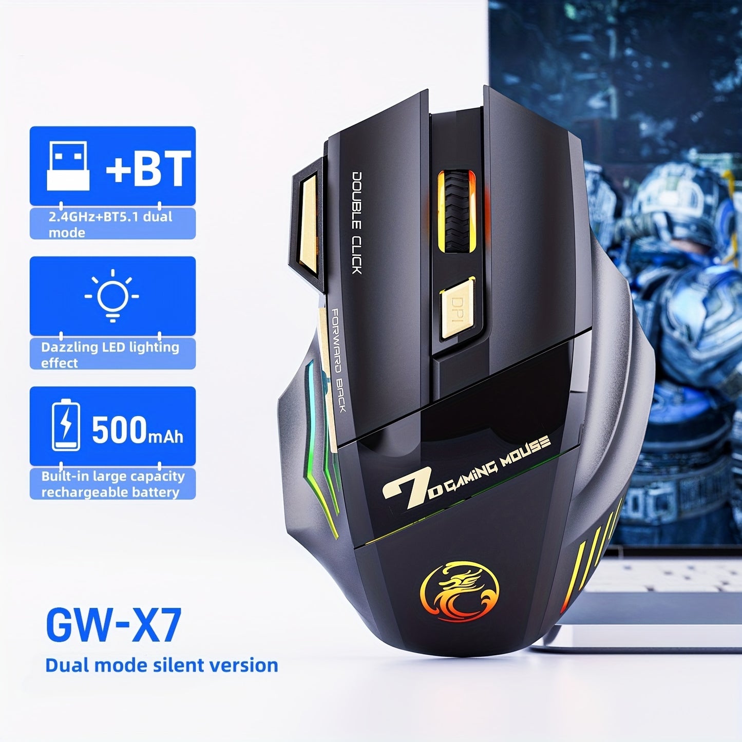 MCPIWOHY Gaming Mouse: 2.4G Wireless, RGB Light, 7 Buttons, Rechargeable Battery, Type-C Charging, 7200 DPI, Right-Handed, Windows 10, LaptopWireless.