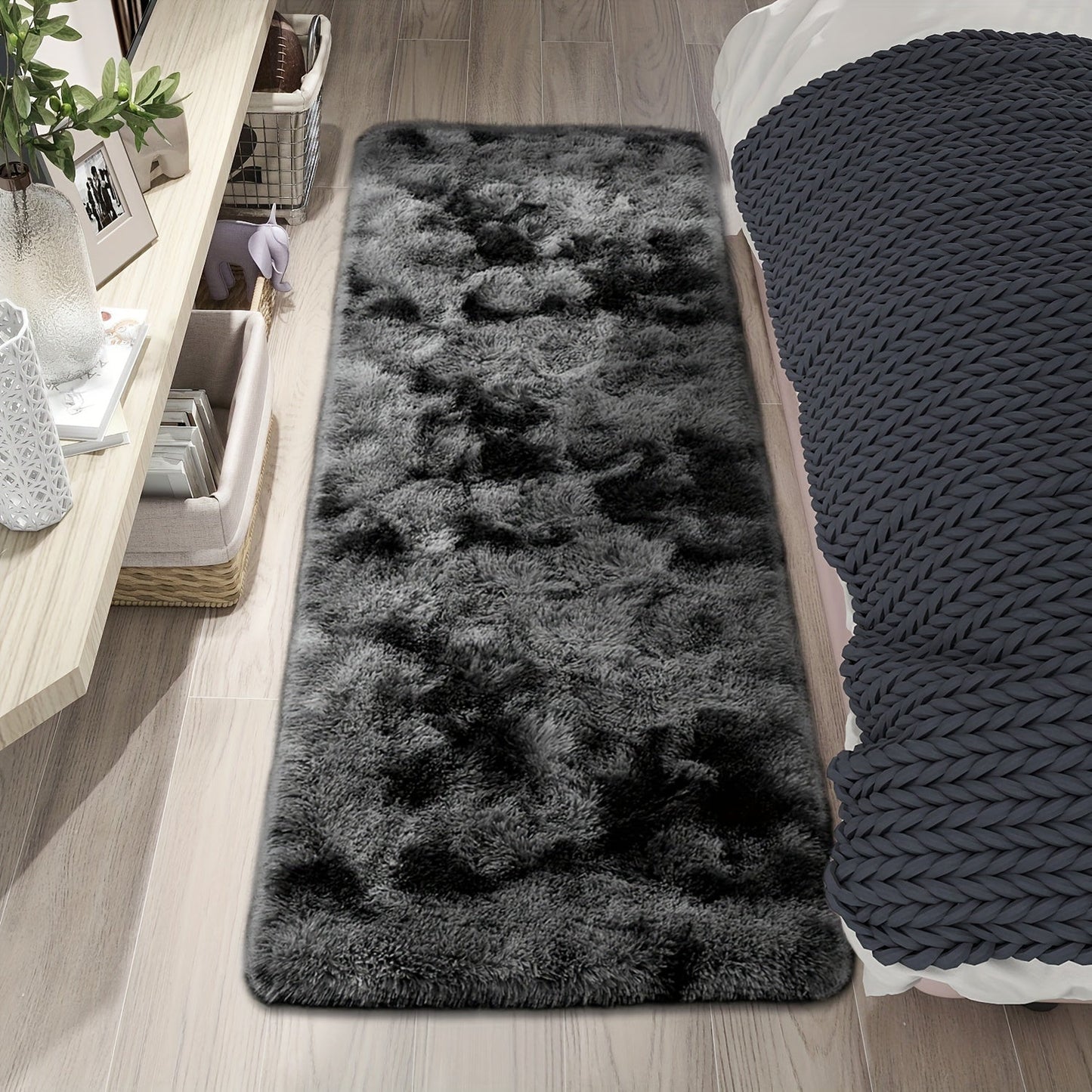 Soft shaggy area mat with a tie-dye design, made with 260g polyester and a 0.6cm thick sponge base. Features a 21 density for added comfort. Machine washable and suitable for indoor use in living rooms, bedrooms, game rooms, and dorms. This Nordic style