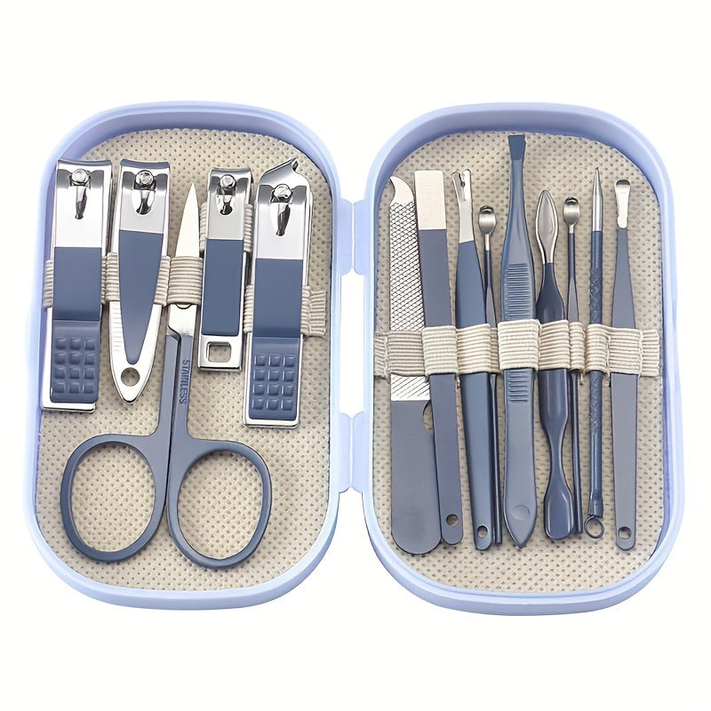 A 14-piece stainless steel manicure and pedicure set with modern concave edge nail clippers and grooming tools, including a portable storage box. A unisex odorless nail care kit.