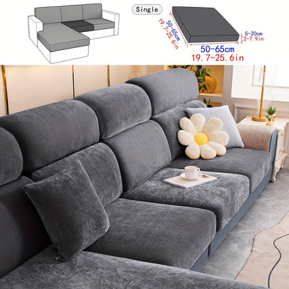 Stretchable plush velvet sofa cushion cover in contemporary gray with white accents; fits 1 to 4-seater sofas, machine washable, perfect for home decor.