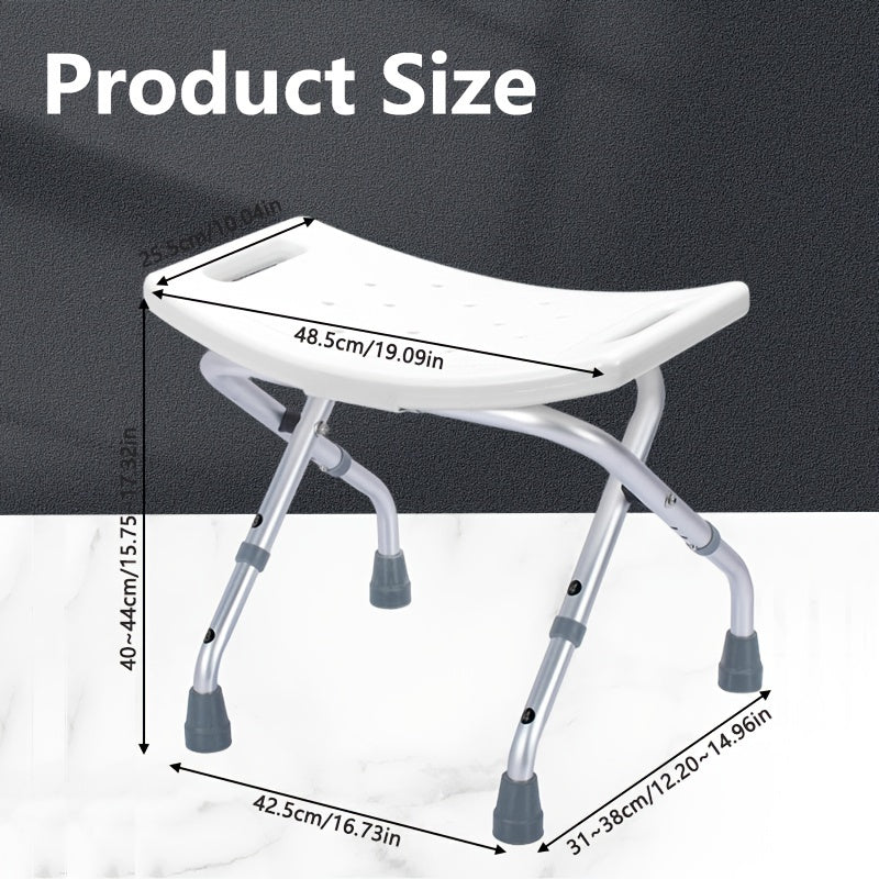 Folding shower chair with adjustable height and non-slip design for elderly, pregnant women, and those with mobility issues. No tools required. Perfect for bathroom showers.