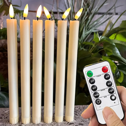 Six modern LED taper candles with flickering flame effect, remote control, timer, adjustable lighting, and battery-operated. Suitable for any room, batteries not included.