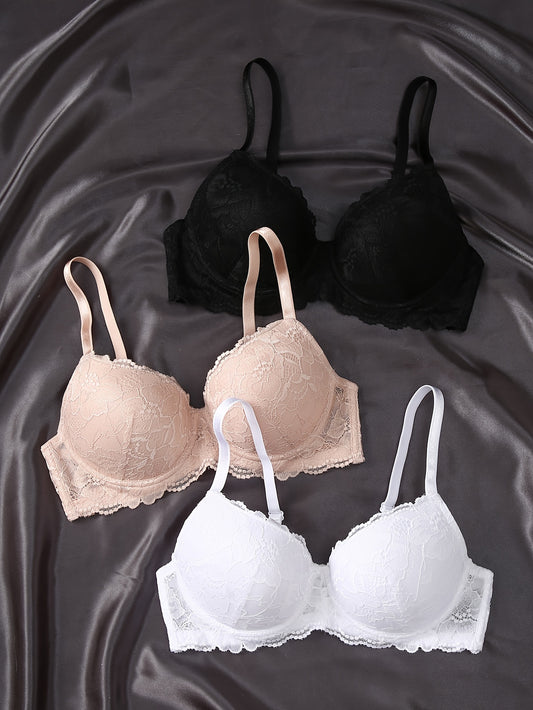 Set of 3 lace bras in black, beige, and white - comfortable, breathable, underwire support, non-padded, knit fabric