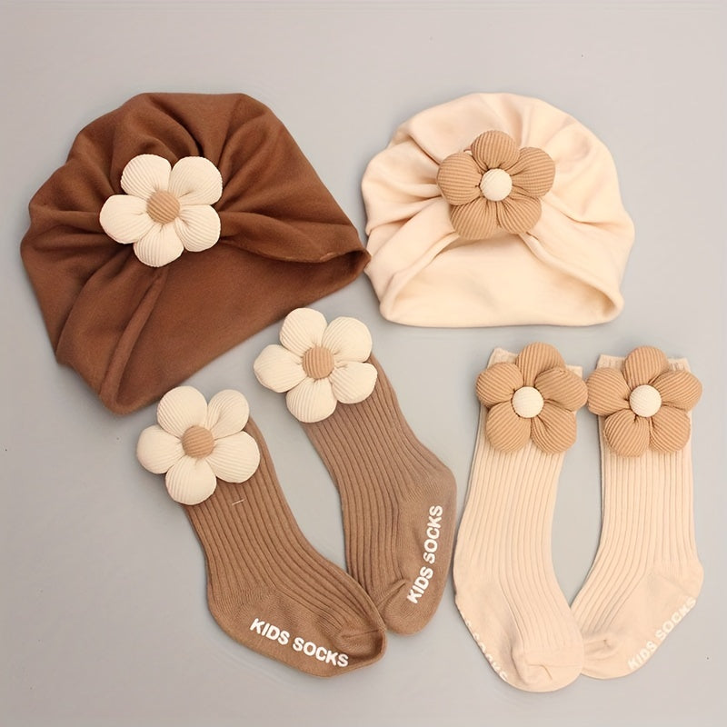 Set of 2 baby soft round flower patch hat and winter socks for boys and girls