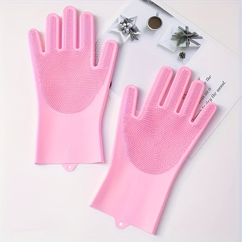 Get two durable and waterproof silicone dishwashing gloves in pink and blue colors. These ambidextrous gloves are BPA and lead-free, making them safe for use in the kitchen, bathroom, outdoors, and even in your car. They are wear-resistant and perfect