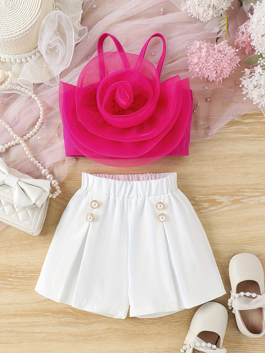 Sweet & Trendy Little Girl's 3D Rose Floral Camisole + Shorts Set for Summer Parties