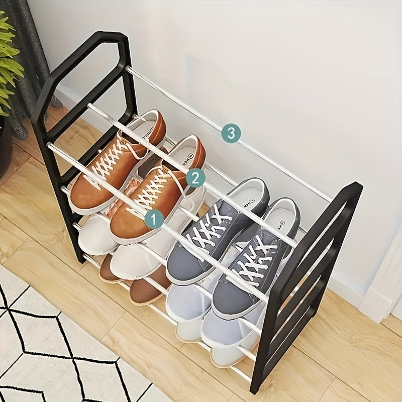 This shoe rack features a durable 4-tier metal design that is easy to assemble. It is odorless and suitable for both home and commercial use. Perfect for organizing shoes in the entryway or bedroom, with sturdy floor mounting and golden tube diameter