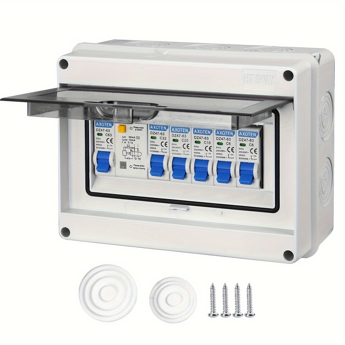 Surface-mounted 5/8/12-circuit micro circuit breaker combination switch box for home/office/shopping center power distribution.