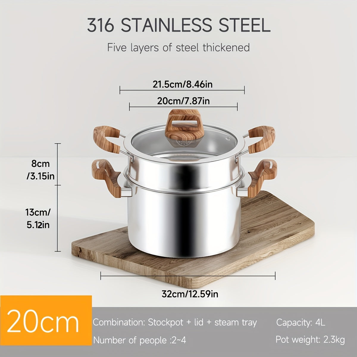 Five-layer composite steel pot for the kitchen, made of thickened food-grade 316 stainless steel. Non-stick and induction cooktop compatible. Features a deep soup pot and thickened steamer with 304 stainless steel lid. Ideal for cooking noodles