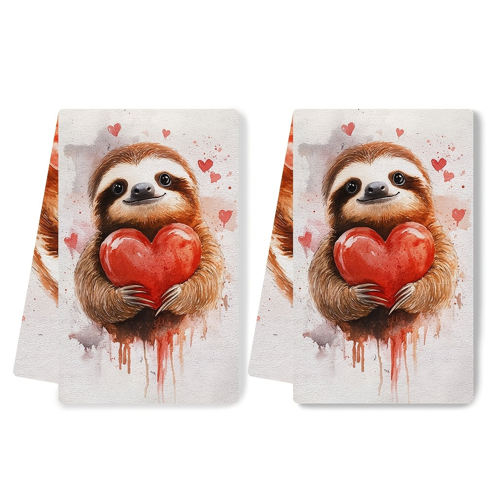 Valentine's Day Kitchen Towels - Set of 2, Ultra Soft, Loveable Sloth Print, Humorous and Cute, Highly Absorbent Dish Hand Towels for Holiday Decor, Machine Washable, 16x24 Inch