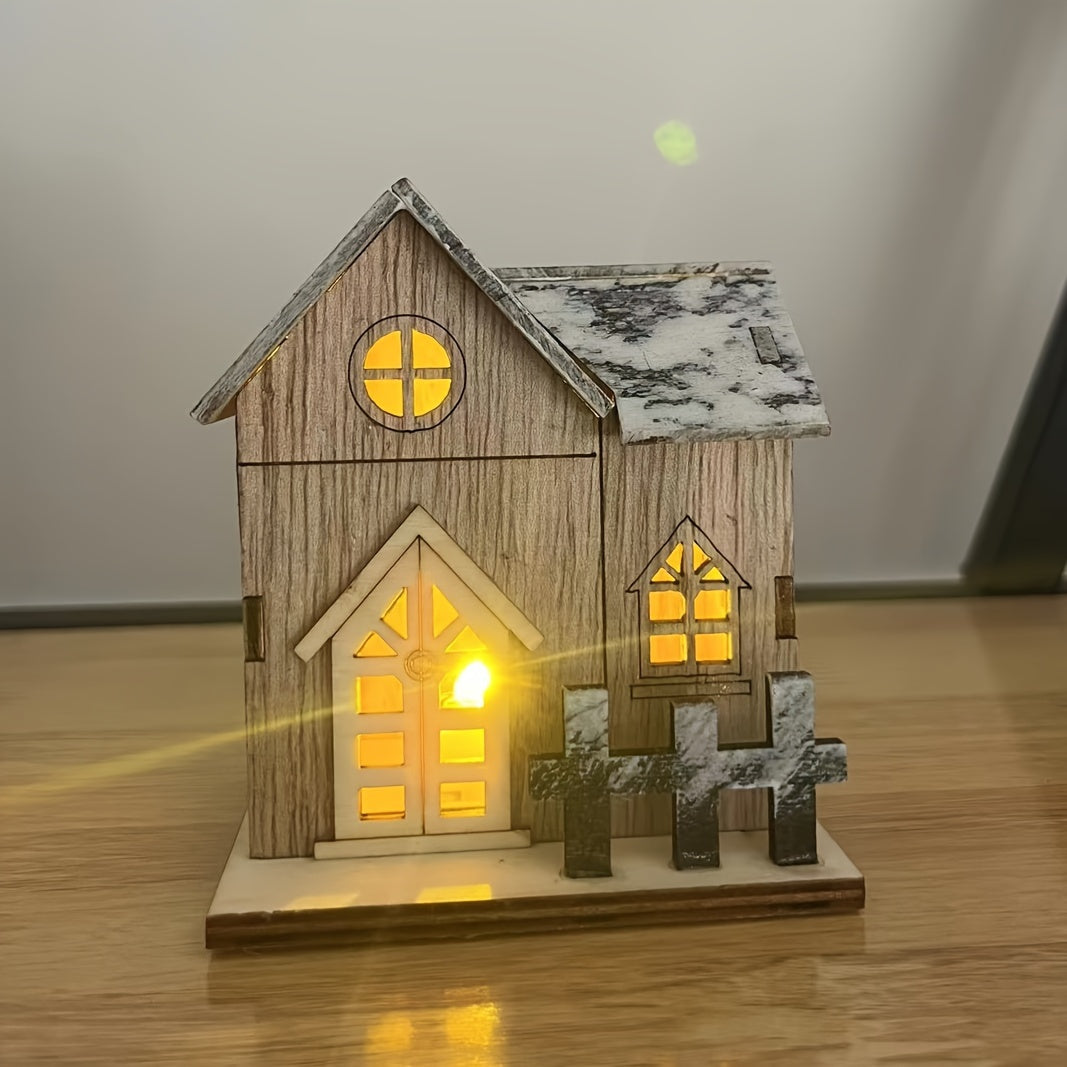 1pc Wooden House Ornaments for Christmas, Luminous LED Tabletop Decor