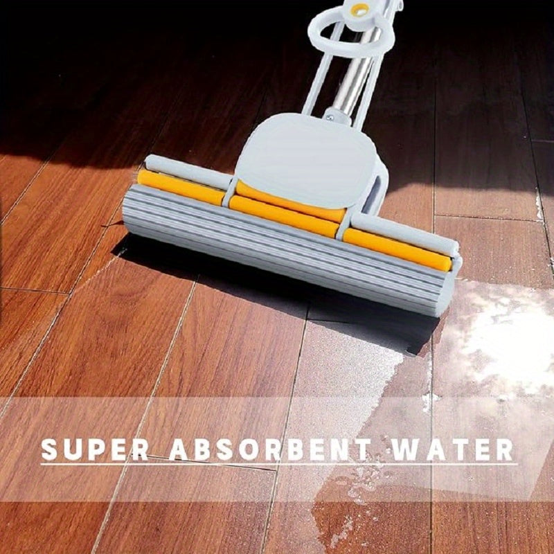 This Sponge Mop has a long handle and a self-twisting feature, with a 15-inch head suitable for cleaning kitchen and bathroom tiles. It can be used for both wet and dry floor cleaning, making it a versatile tool for keeping floors spotless.