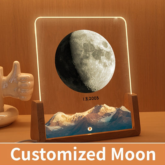 Personalized Glowing Moon Acrylic Photo Frame - Ideal for Birthdays, Anniversaries, and Valentine's Day - High-Quality Print, Wooden Stand, Transparent Design for Stylish Home Decor