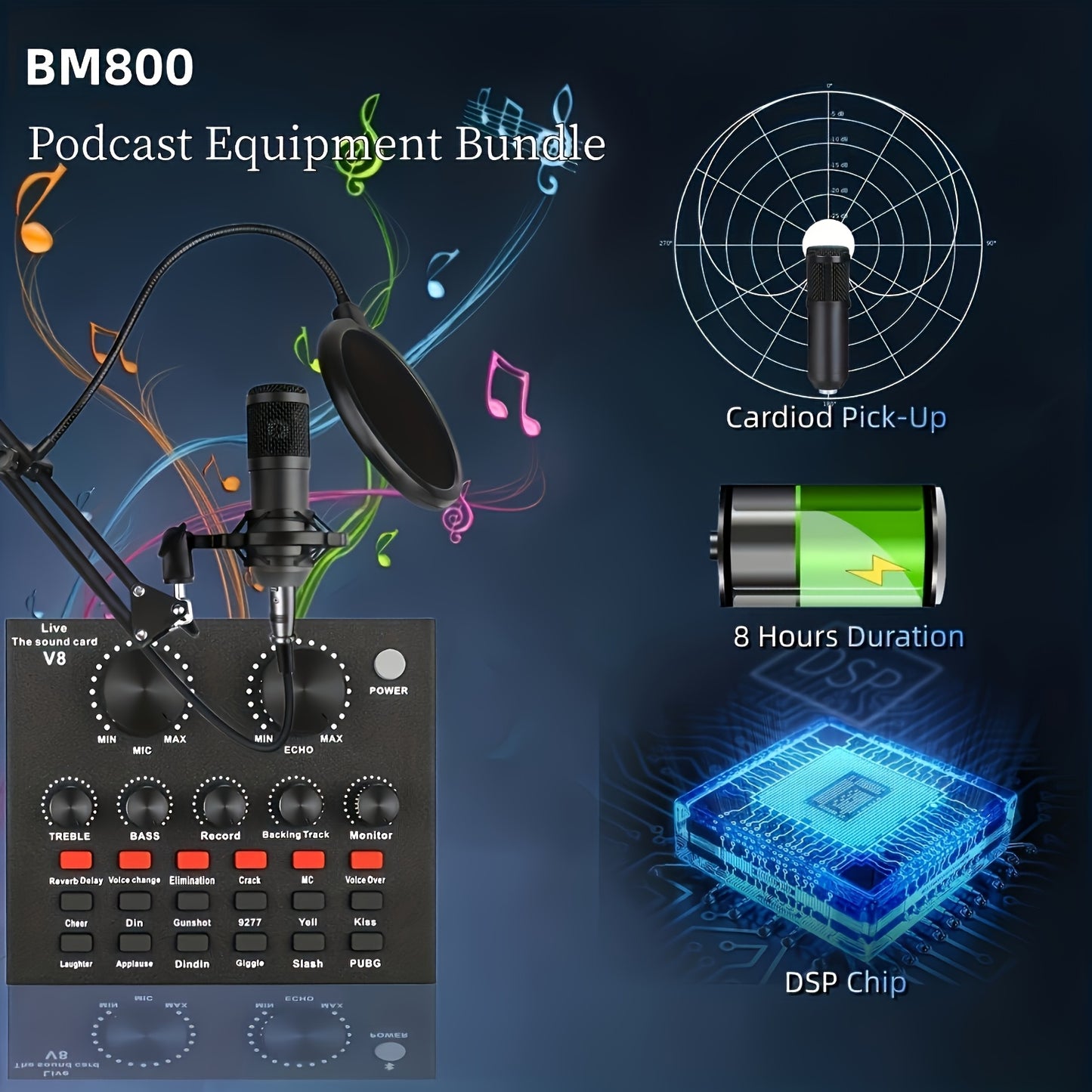 Podcasting kit includes BM800 mic, V8 sound card, and voice changer. USB/battery powered, great for recording, singing, streaming, and gaming.