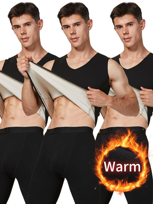 Warm, V-neck 3-pack men's vest set made of polyester and spandex blend for hiking and outdoor activities.