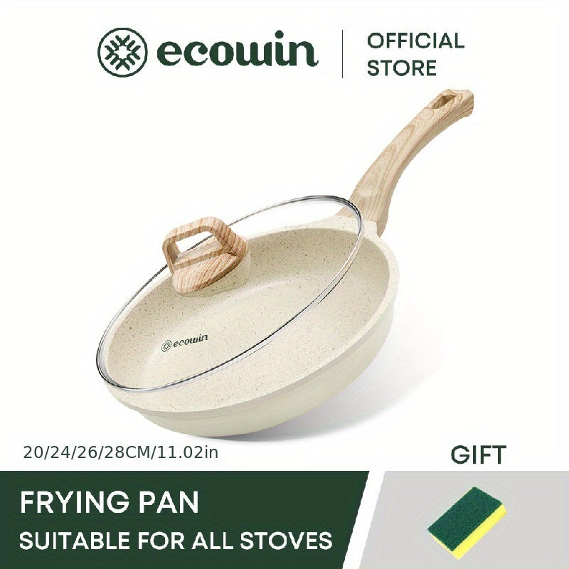 Non-stick frying pan with lid, coated with medical stone for all stovetops. Ideal for cooking vegetables, beef, pork, and fish with ease.