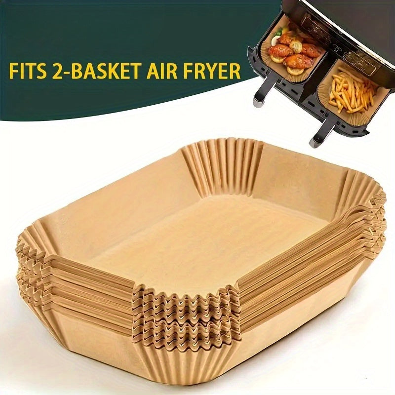 100/200 pieces of high-quality Non-Stick Air Fryer Liners made to withstand high temperatures, resist oil and water, and fit perfectly in dual basket air fryers. These easy-to-clean, food-grade liners are durable and reusable, making them ideal for home