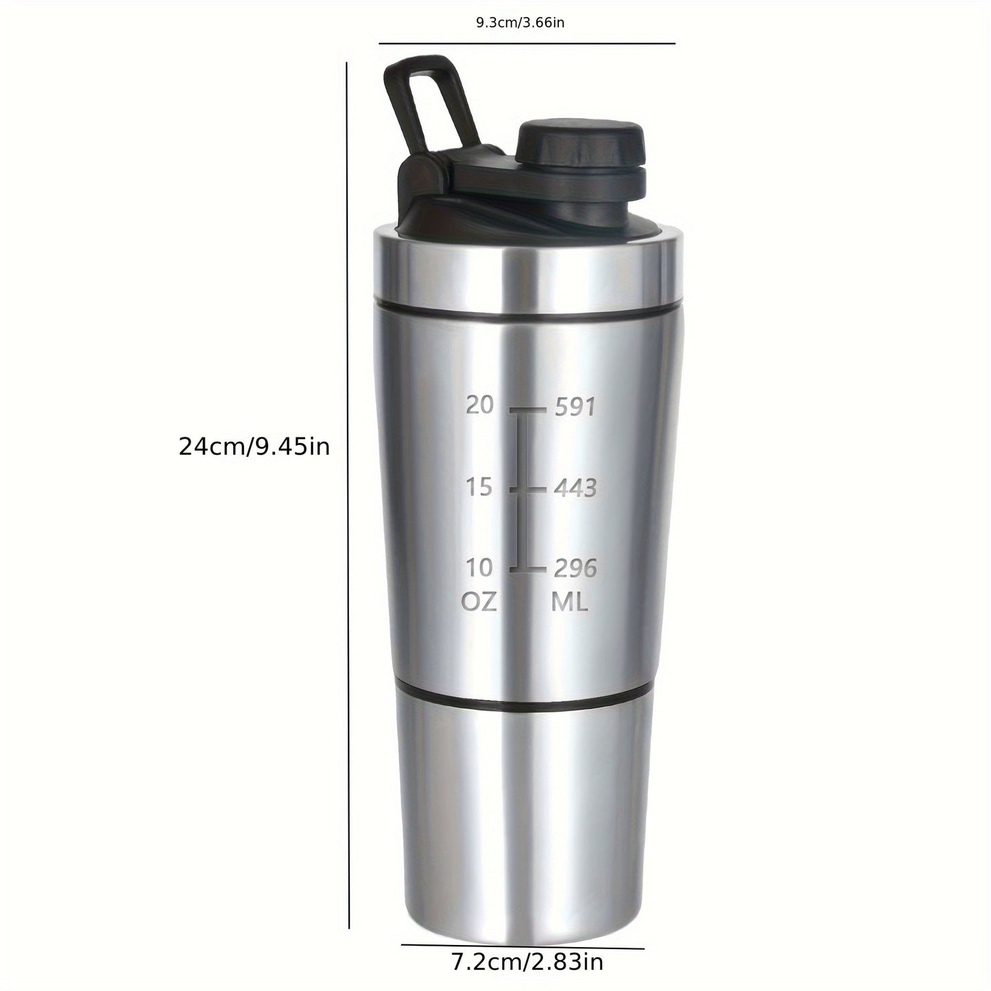 Protein powder shaker with single layer and bottom storage cup for holding protein powder, keychains, or a sports water bottle.