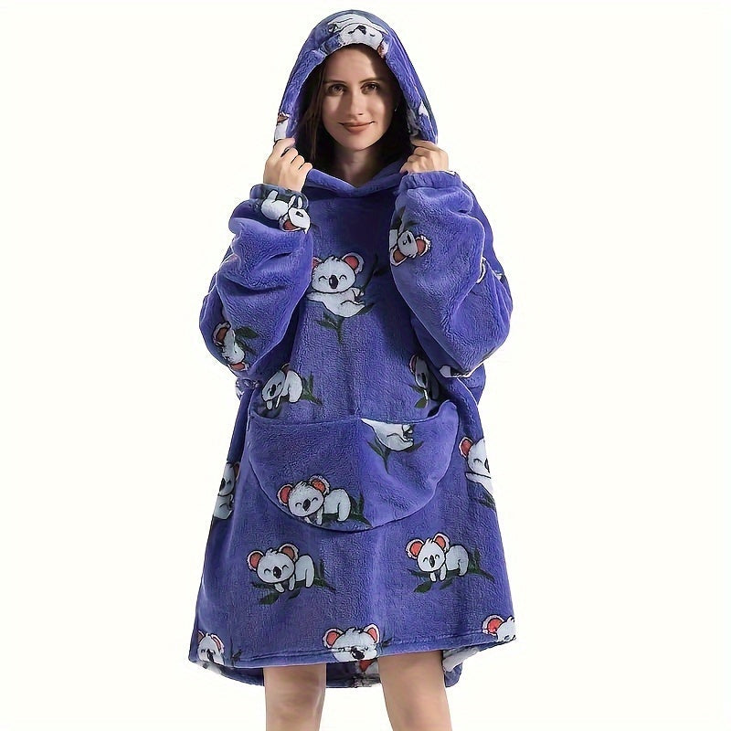 Animal-Themed Cozy Fleece Hooded Wearable Blanket - Reversible, Hand-Wash Only - Ideal for Outdoor Adventures and Home Relaxation