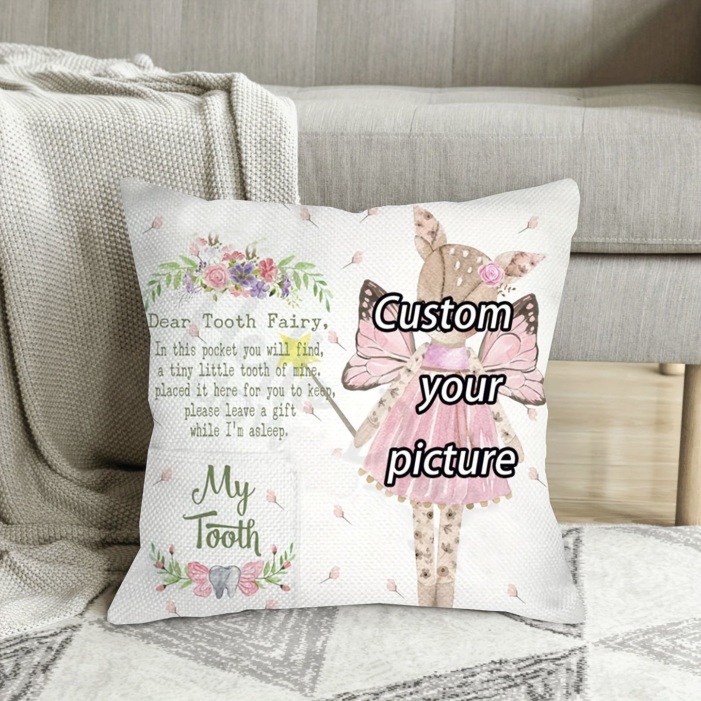 Personalized Tooth Fairy Pillow - Soft Short Plush Single-Sided Pillowcase with Pocket (45.72x45.72 cm) - Customize with Photo and Name - Made of Polyester Material for Home Decor - Perfect for Ages 14+ (1PC, Cover Only)