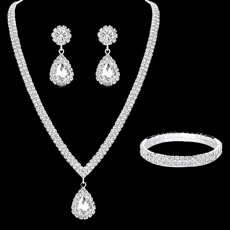 Elegant 4-piece Jewelry Set including Earrings, Necklace, Bracelet, and Inlaid Rhinestone for Perfect Evening Party Decor and Wedding Accessories.